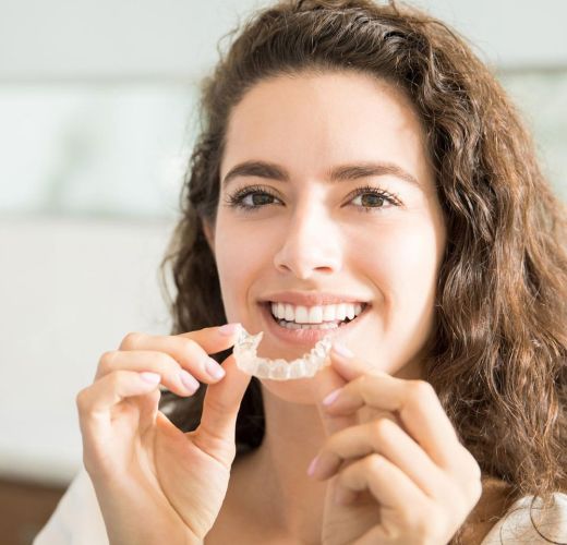A woman with curly hair using retainers